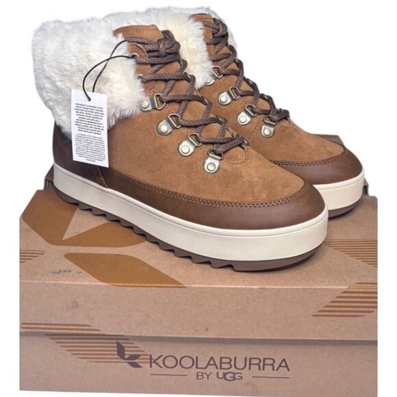Koolaburra by UGG Tynlee Lace-Up Boots White Faux Fur Trim In Chestnut 8 New - Picture 4 of 12